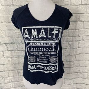 Stylus women S short sleeve navy blue top w/italian writing